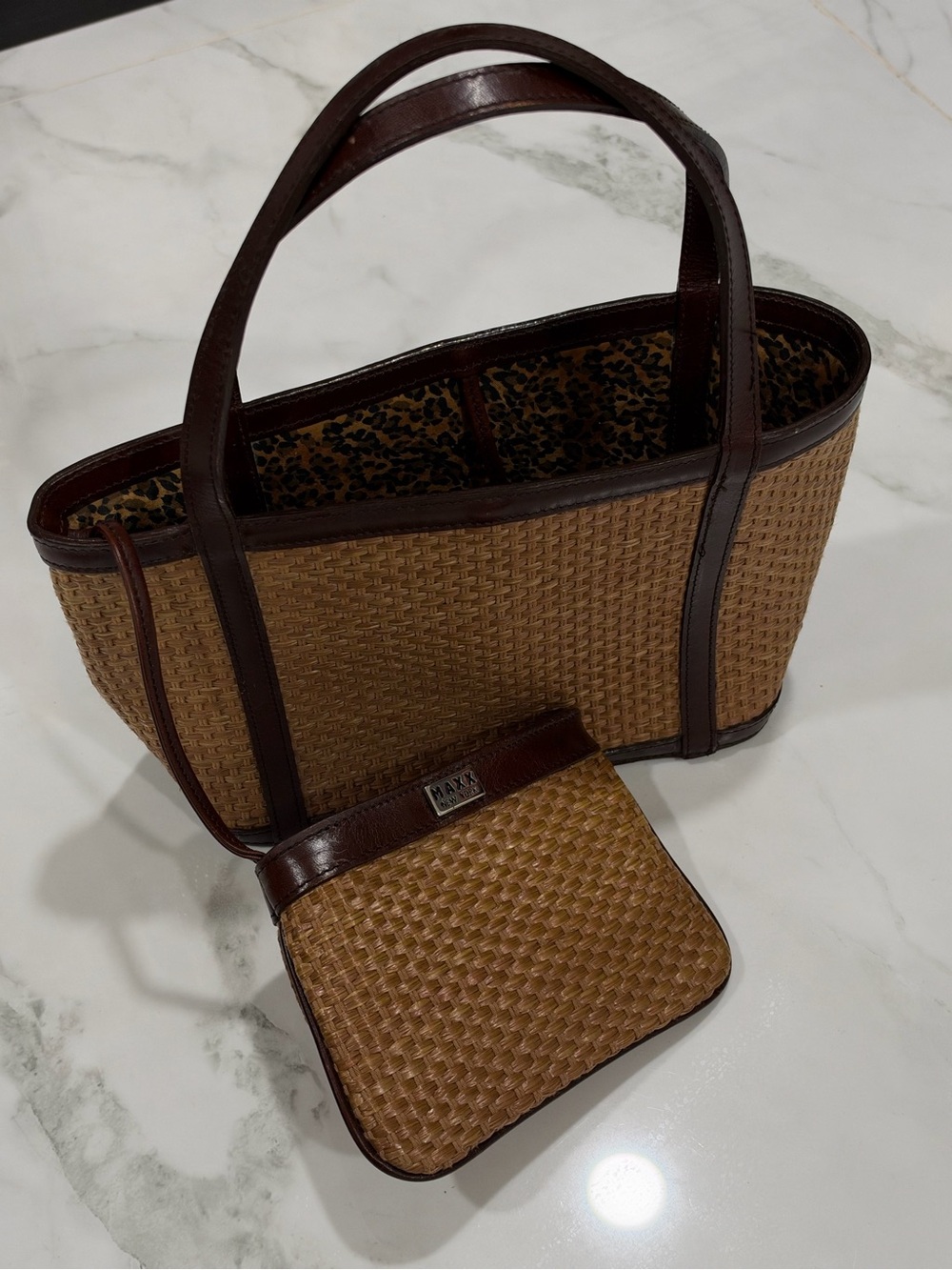 Vintage Maxx New York Woven Straw Tote with Dark Brown Trim and Matching Pouch